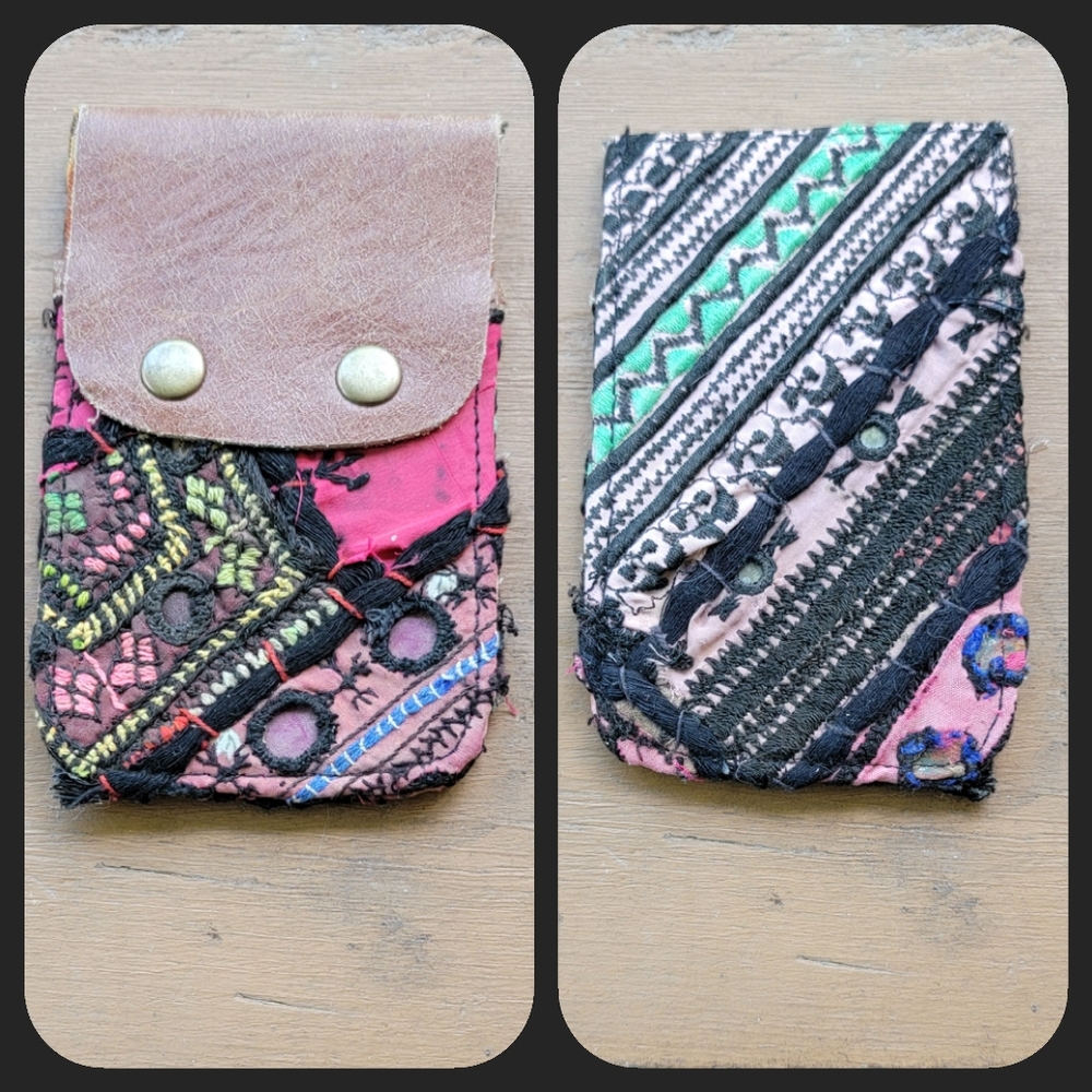 🥂🕺 Free People Boho Embroidered Repurposed vtg banjara hippie Wallet card case